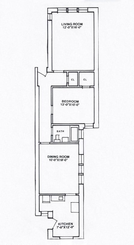 Floor plan for 1 bed, 1 bath, 766 sqft